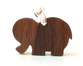 Elephant Necklace African Animal Pendant Asia Hand Cut Scroll Saw Jewelry Walnut