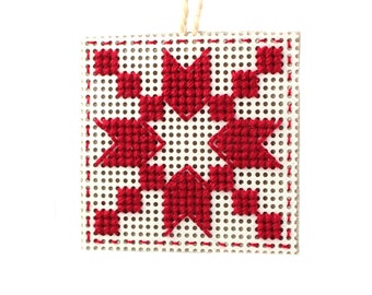 Cross stitch quilt block ornament, Red Star Quilt Ornament, Homespun Country Christmas