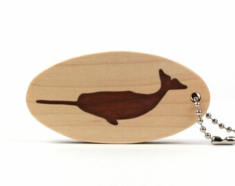 Narwhal Key Chain, Wood Scroll Saw Narwhal Key Ring, Whale Key Fob, Ocean Animal Nautical Key Chain, Beach Accessories, Walnut