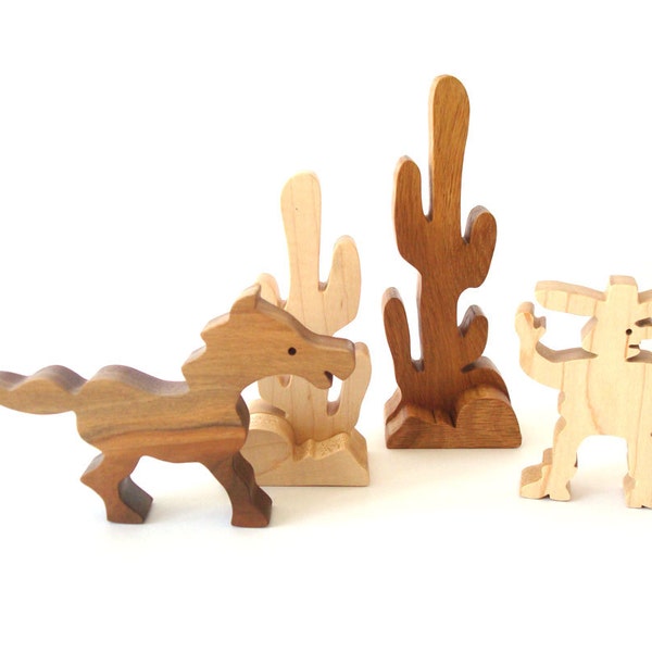 Dude Ranch Play Set Wood Western Toy Set Cowboy Cactus Pony Hand Cut Scroll Saw