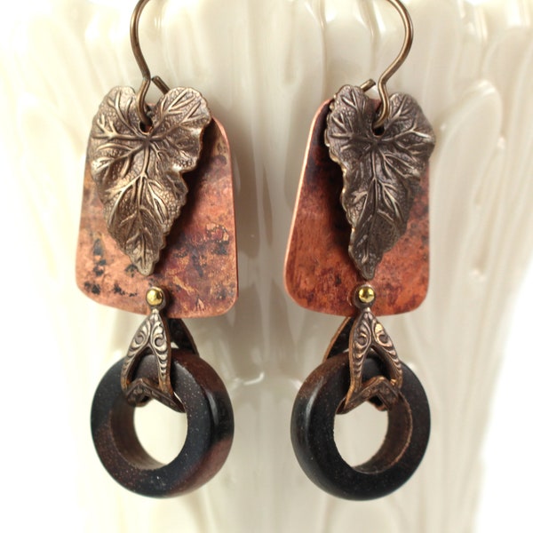 Botanical Mixed Metal Flame Colored Copper Earrings with Vintaj Brass Leaf Charm Accent, Metalsmithing