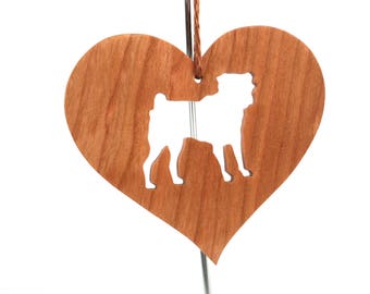 Wood Pug Ornament, Heart Shaped Dog Silhouette Pet Ornament, Christmas Dog Breed Ornament, Cherry