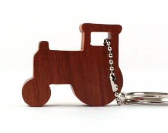 Tractor Silhouette Key Chain, Wood Scroll Saw Outline Country Farm Tractor Key Ring, Cherry