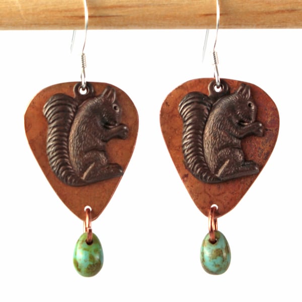 Rustic Squirrel Mixed Metal Flame Colored Copper Earrings with Vintaj Brass Charm Accent, Metalsmithing