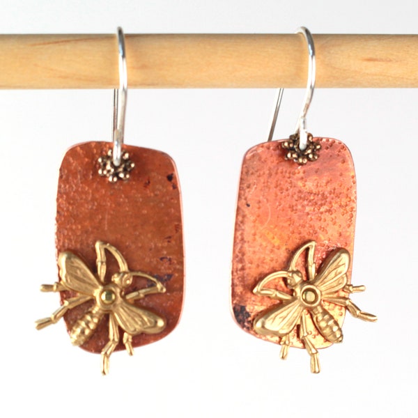 Bee Mixed Metal Flame Colored Copper Earrings with Vintaj Brass Insect Charm Accent, Metalsmithing