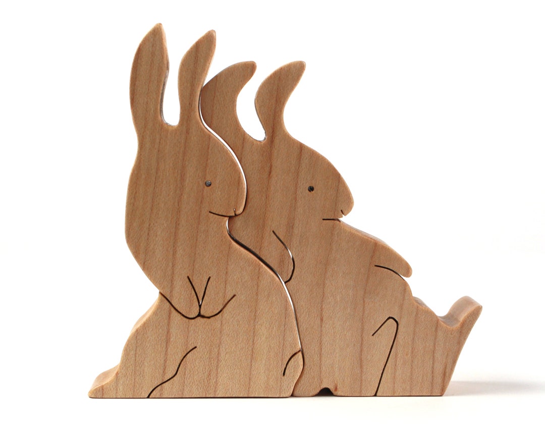 Wood Rabbit Pair, Whimsical Rabbit Decoration, Wooden Easter Bunny, Two ...