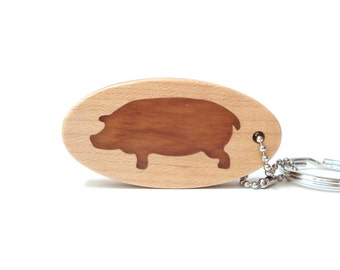 Pig Key Chain, Wood Scroll Saw Country Key Ring, Hog Keychain, Farm Animal Key Fob, Cherry