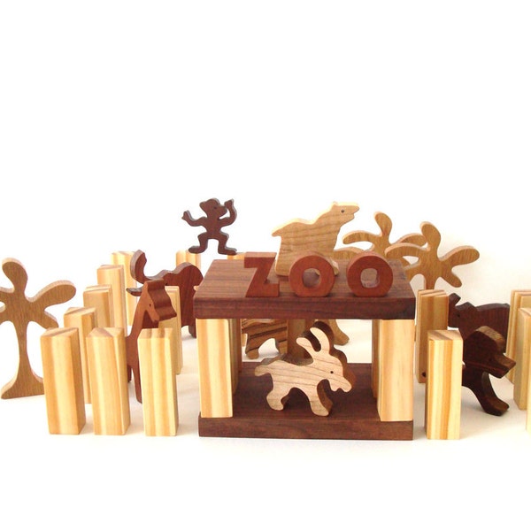 Miniature Zoo Waldorf Wood Toy Play Set 41 Pieces Zoo Animal Toys