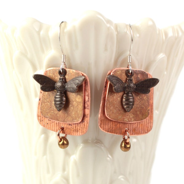 Rustic Bee Mixed Metal Flame Colored Copper Earrings with Vintaj Brass Insect Charm Accent, Metalsmithing