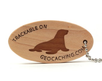 Wooden Handmade Seal Geocaching Trackable, Sea Lion Geocoin Key Chain, Ocean Animal Key Ring Travel Bug, Cherry