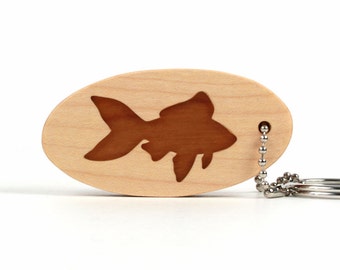 Goldfish Key Chain, Tropical Fish Key Fob, Wood Fish Key Ring, Goldfish Accessories, Wood Animal Keychain, Cherry