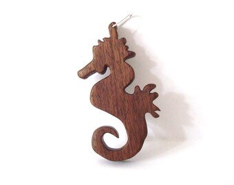 Seahorse Pendant Wooden Sea Animal Necklace Nautical Beach Jewelry Hand Cut Scroll Saw Wood Walnut