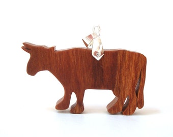 Cow Necklace Wood Farm Animal Pendant Country Rural Cherry Hand Cut Pendant Scroll Saw