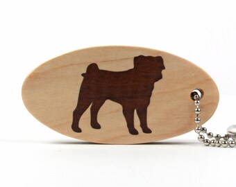 Pug Key Chain, Wood Dog Breed Key Chain, Wooden Pet Accessories, Pug Key Fob, Dog Key Ring, Dutch Mastiff, Walnut