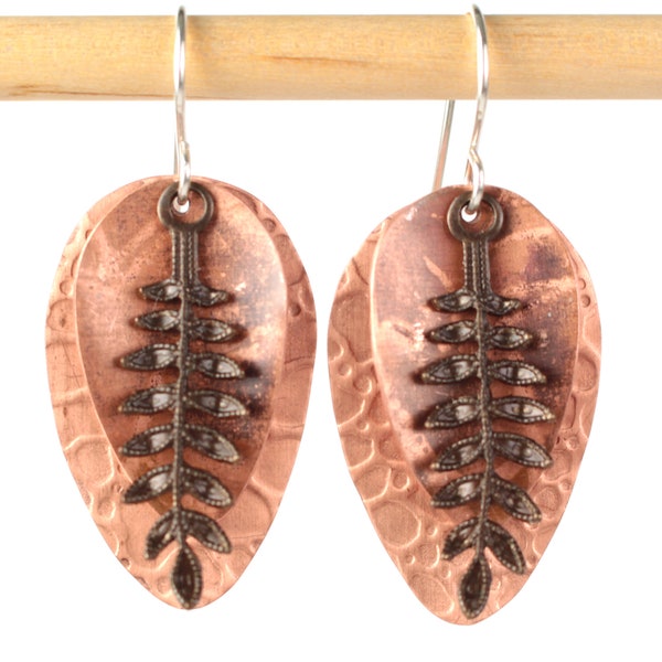 Botanical Teardrop Flame Colored Copper Earrings with Vintaj Brass Leaf Charm Accents, Metalsmithing