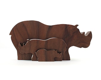 SECONDS Sale: Rhino Decoration, Wooden Rhinoceros Puzzle, Wood Safari Home Decor, Walnut