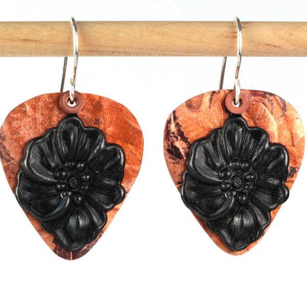 Pick Shape Flame Colored Copper Earrings with Vintaj Arte Metal Flower Charm Accent, Metalsmithing