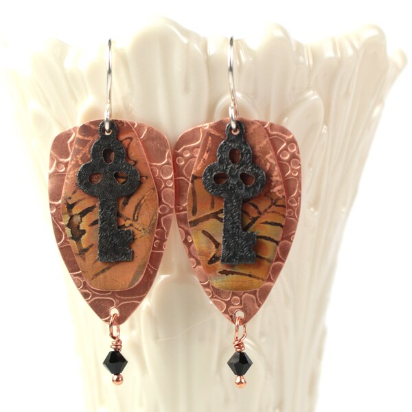 Shield Stacked Layer Mixed Metal Flame Colored Copper Earrings with Vintaj Arte Metal Key Charm Accent, Metalsmithing