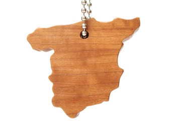 Wooden Spain Key Chain Country Silhouette Outline Cutout Wood Scroll Saw Spain Key Fob Cherry