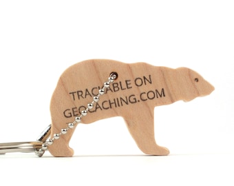 Handmade Polar Bear Geocaching Geocoin, Wood Endangered Animal Trackable Travel Bug, Bear Geocaching Trackable Key Fob, Maple