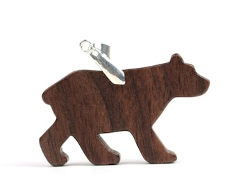 Rustic Bear Totem Necklace, Wood Animal Pendant, Bear Jewelry, Woodland, Walnut