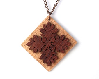 Wood Hawaiian Breadfruit Quilt Block Motif Pendant Necklace, Quilting Themed Jewelry, Kapa Ulu', Hand Cut Maple and Bubinga