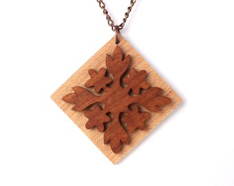 Wood Hawaiian Plumeria Quilt Motif Pendant Necklace, Quilting Themed Jewelry, Hand Cut Cherry