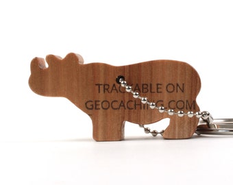 Handmade Rhinoceros Geocaching Geocoin, Wood Animal Trackable Travel Bug, Rhino Key Chain, Rhino Geocaching Trackable Key Fob, Hickory