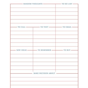 May include: A white personal planner page with a "Brain Dump" title in navy blue. The page includes sections for "Random Thoughts," "To Do List," "To Call," "To Text," "To Email," "New Ideas," "To Remember," "To Buy," and "Make Decision About."