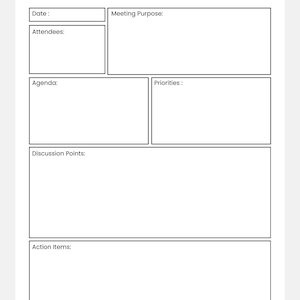 May include: A white meeting notes template with black text and boxes for Date, Attendees, Meeting Purpose, Agenda, Priorities, Discussion Points, and Action Items. The title "Meeting Notes" is at the top, with a stylized "EA" logo in the upper right corner.