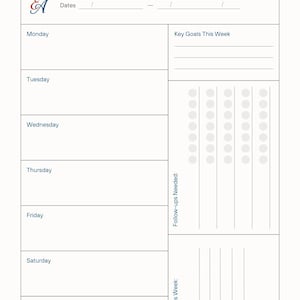 May include: A weekly planner with a white background and navy blue text. The title "WEEKLY PLANNER" is at the top. It includes sections for each day of the week, key goals, follow-ups, and delegation. There is space to write the dates.