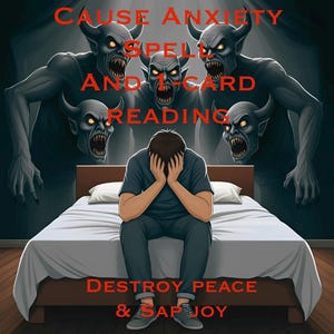 Könnte beinhalten: Digitales Kunstwerk, das eine Person auf einem Bett mit dem Kopf in den Händen zeigt, umgeben von bedrohlichen Figuren. Roter Text oben lautet "CAUSE ANXIETY SPELL AND T-CARD READING." Der Text unten lautet "DESTROY PEACE & SAP JOY."