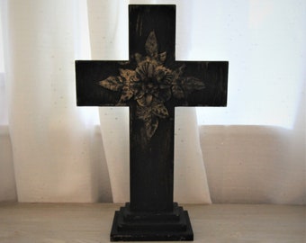 Gothic Medieval Black Cross with Metal Floral Center - Stand Up- Hand Painted