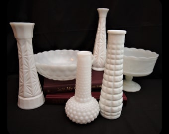 Vintage Milk Glass Centerpiece Mix - Vases Bowl Compote - Choice - Priced Per Piece