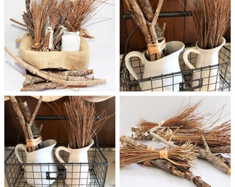 Rustic Farmhouse Pine Needle or Twig Bundles for Wedding Primitive Country Dried Sticks or Needle Bunch Pick Lace Twine or Raffia Tied