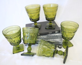 Vintage Green Pressed Glass Goblets, Park Lane by Colony, Water or Wine, Set of 6