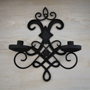 Gothic Medieval Iron Wall Mount Candelabra- Black Candlestick Candle Holder - Hand Painted