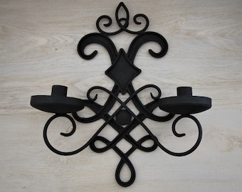 Gothic Medieval Iron Wall Mount Candelabra- Black Candlestick Candle Holder - Hand Painted