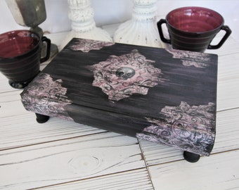 Gothic Skull and Scroll Painted Distressed Aged Decor Book Riser, Dark Romance, Halloween