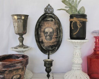 Gothic Skull Damask Vintage Pewter Wall Mount Candlestick Candle Holder - Hand Painted, Decoupage