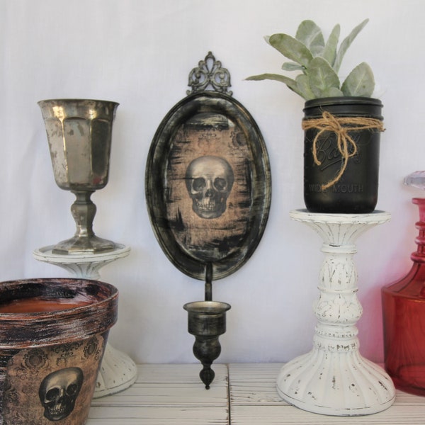 Gothic Skull Damask Vintage Pewter Wall Mount Candlestick Candle Holder - Hand Painted, Decoupage