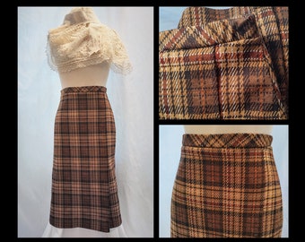 Vintage Devon Mod Plaid Straight Skirt - Faux Slit - Caramel Brown