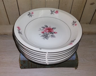 Royal Embassy China Rosemont Soup Bowls - Pink Roses with Platinum Trim - Set of 7