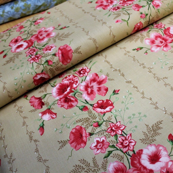 Morning Glories Garden Glory Pink Red Tan Green Cotton Novelty Quilt Fabric Cut from Bolt BTHY