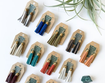 Dome Tassel Earrings- Leather Tassel Earrings- Leather Fringe Earrings