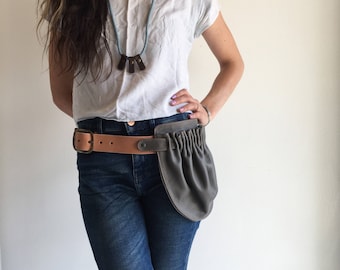 Leather Hip Pouch- Grey Hip Bag- Leather Hip Pocket Belt- Grey belt bag- grey utility belt- leather utility belt bag