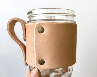 Leather Mug Wrap- Ready to Ship- Leather Jar Wrap- Leather Jar Cozy- beverage cozy- jar cozy- jar wrap