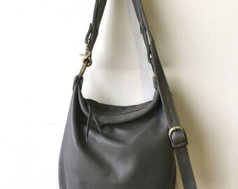 Slouchy Sanko Bag- Grey Leather Bag- Grey Crossbody Bag- Grey Leather Bucket Bag