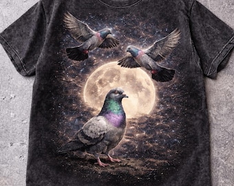 Three Pigeon Moon Vintage Pigeon T Shirt Retro Bird Graphic Tee Aesthetic Moon Shirt Oversized Streetwear Tee