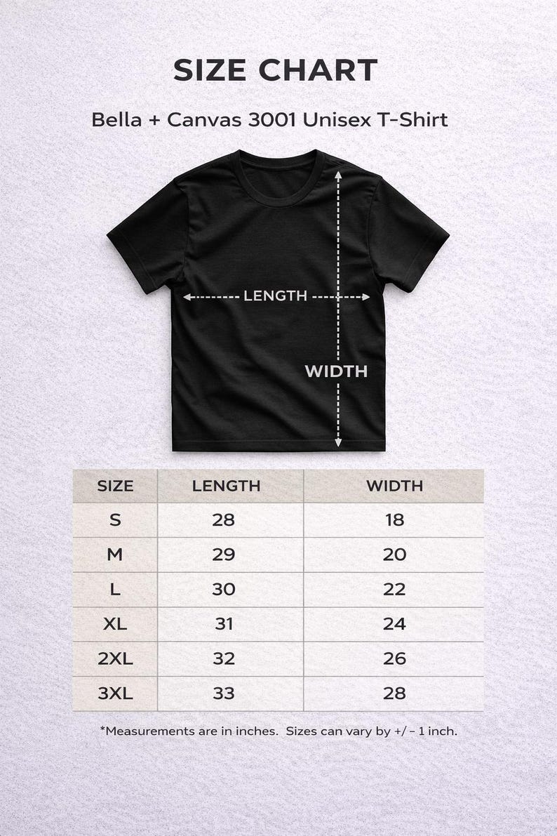 Puede incluir: Tabla de tallas de camiseta unisex Bella + Canvas 3001 negra. La tabla muestra las medidas de largo y ancho en pulgadas para las tallas S a 3XL. El largo var&iacute;a de 71 a 84 cm, y el ancho de 46 a 71 cm.